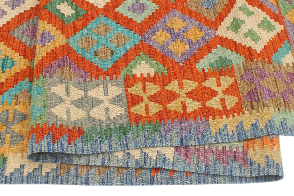 Flat Weave Kilim Antique Navaho Vintage handmade Geometric Kilim Rust Blue Hand-Woven Runner 100% Wool Area Rug 3x10 