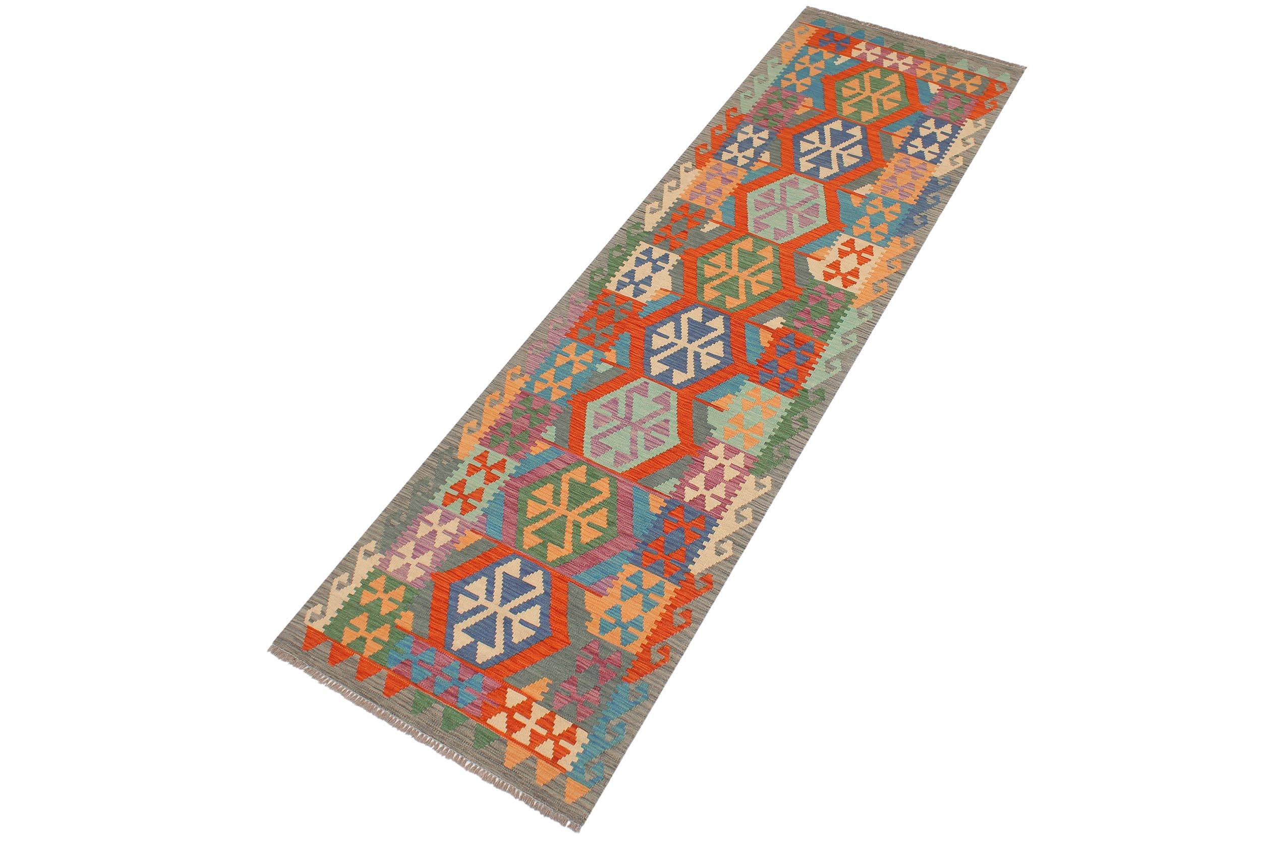 handmade Geometric Kilim Blue Gray Hand-Woven RUNNER 100% WOOL area rug 3' x 10'