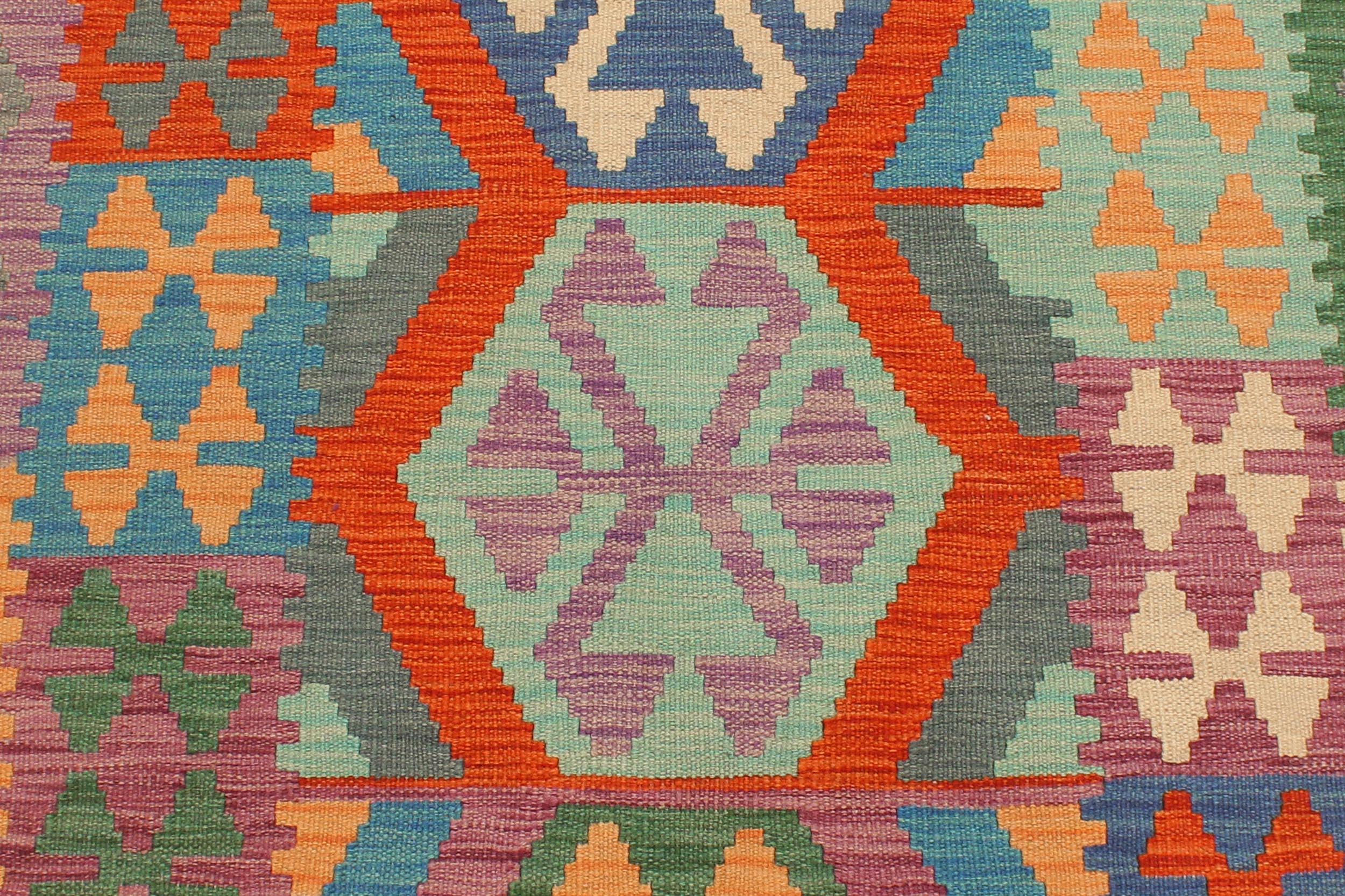handmade Geometric Kilim Blue Gray Hand-Woven RUNNER 100% WOOL area rug 3' x 10'