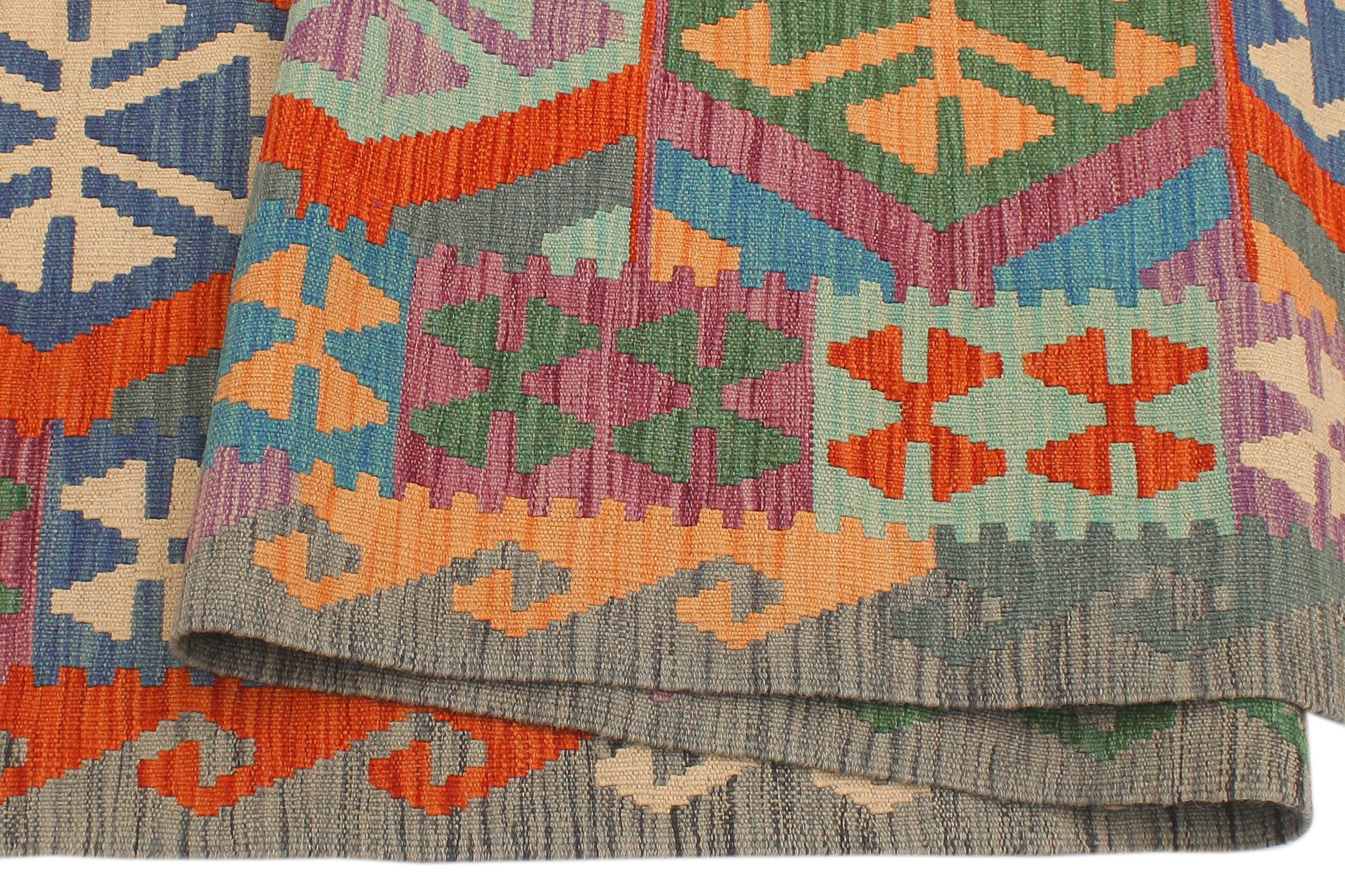 handmade Geometric Kilim Blue Gray Hand-Woven RUNNER 100% WOOL area rug 3' x 10'