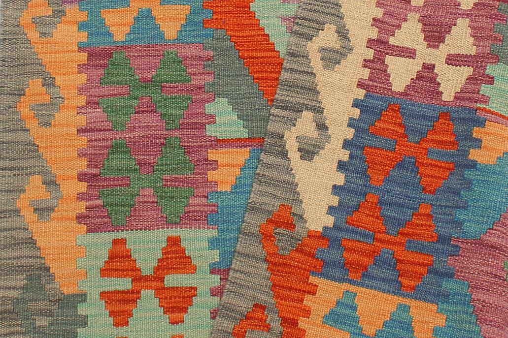 Flat Weave Kilim Antique Navaho Vintage handmade Geometric Kilim Blue Gray Hand-Woven Runner 100% Wool Area Rug 3x10 