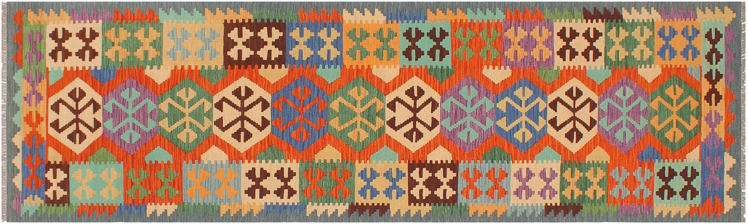 handmade Geometric Kilim Rust Blue Hand-Woven RUNNER 100% WOOL area rug 3' x 10'