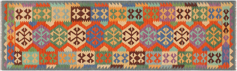 handmade Geometric Kilim Rust Blue Hand-Woven RUNNER 100% WOOL area rug 3' x 10'