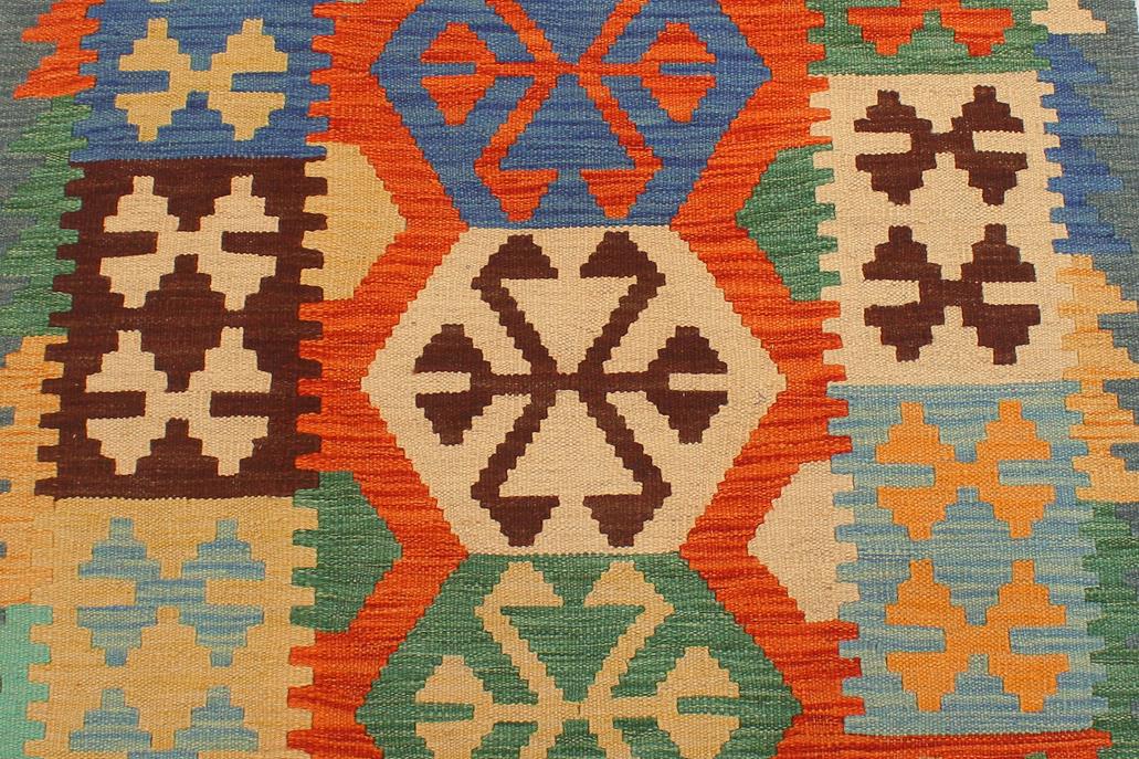 Flat Weave Kilim Antique Navaho Vintage handmade Geometric Kilim Rust Blue Hand-Woven Runner 100% Wool Area Rug 3x10 
