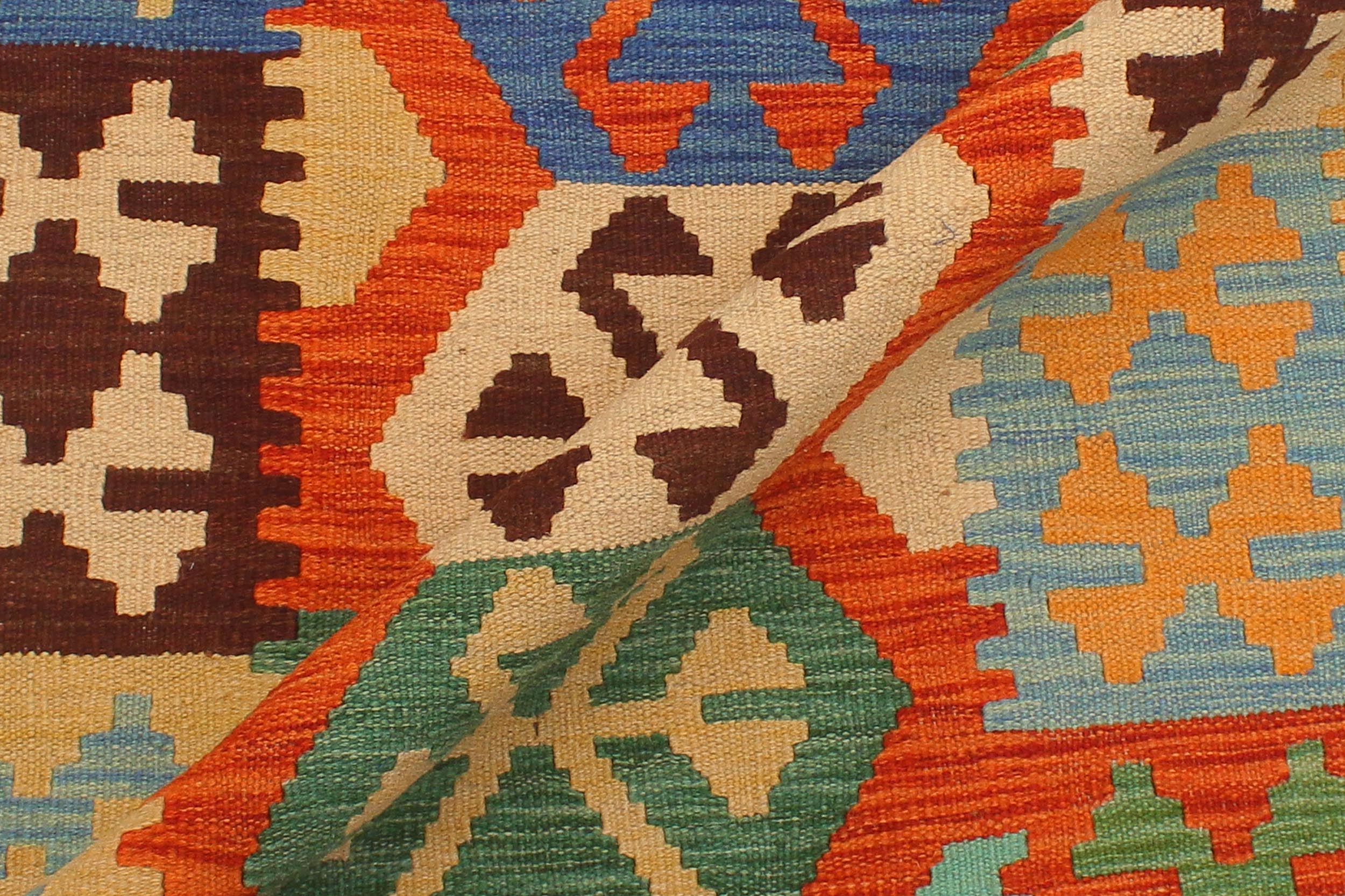 handmade Geometric Kilim Rust Blue Hand-Woven RUNNER 100% WOOL area rug 3' x 10'