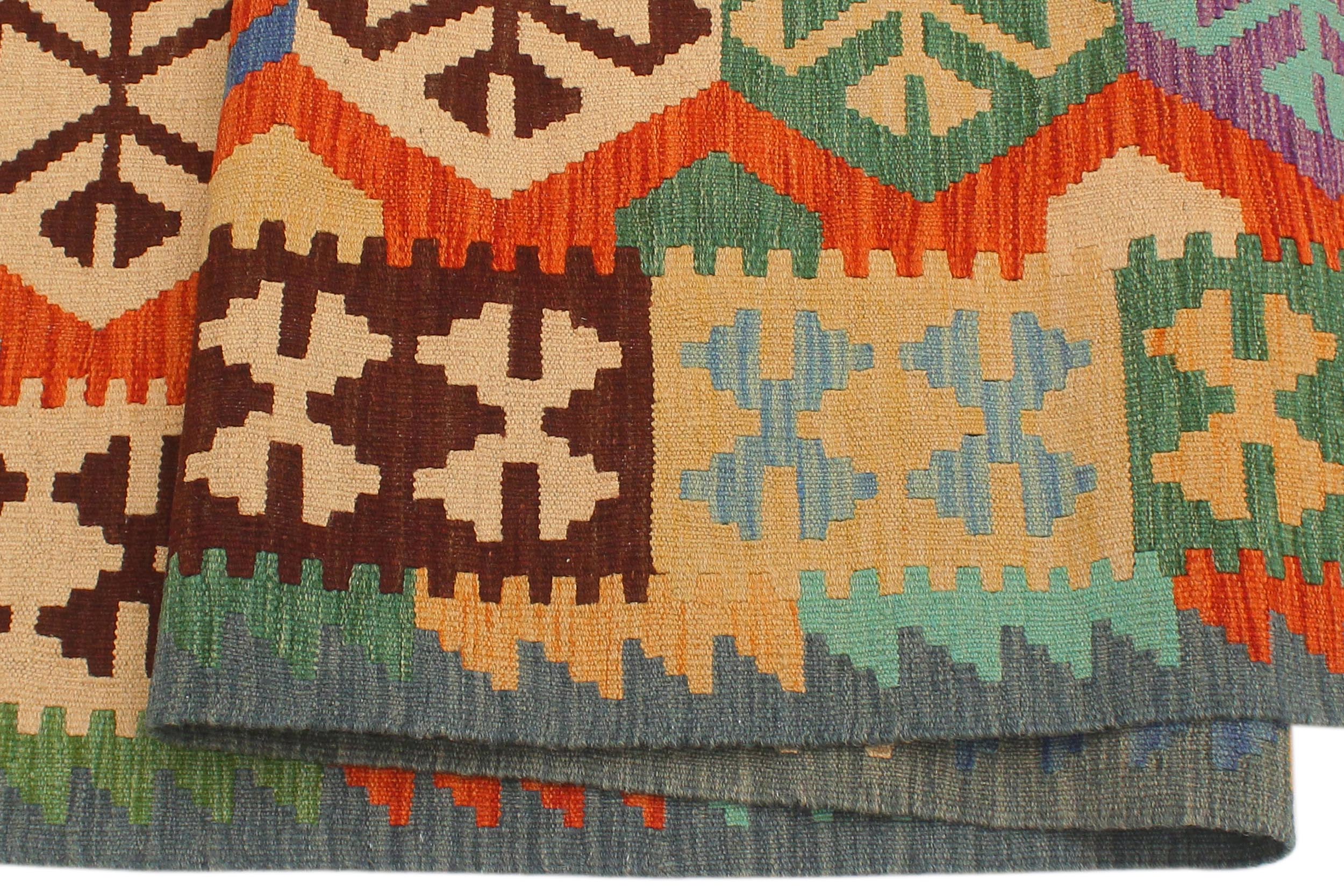 handmade Geometric Kilim Rust Blue Hand-Woven RUNNER 100% WOOL area rug 3' x 10'
