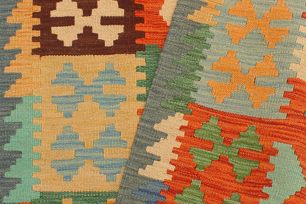 Flat Weave Kilim Antique Navaho Vintage handmade Geometric Kilim Rust Blue Hand-Woven Runner 100% Wool Area Rug 3x10 