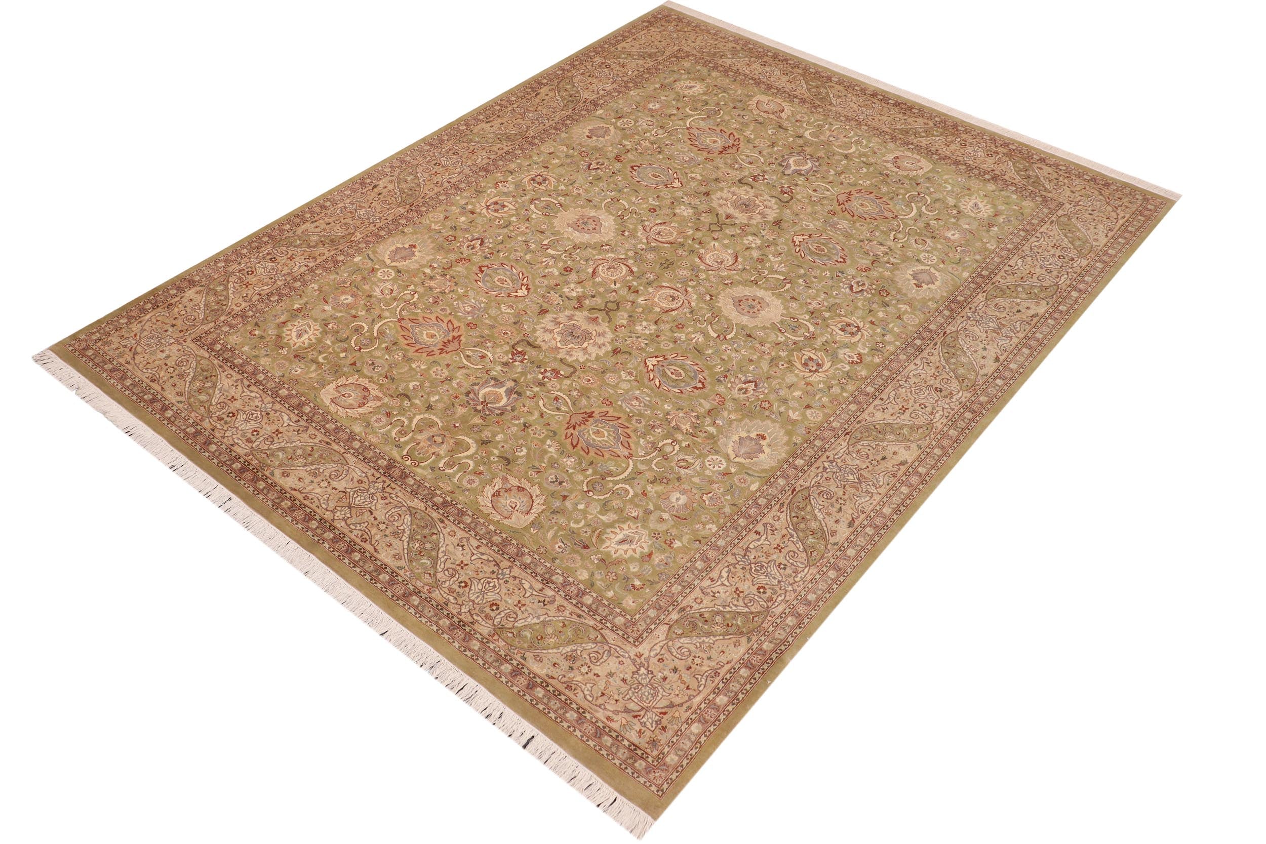 handmade Traditional Kashan Green Tan Hand Knotted RECTANGLE 100% WOOL area rug 10x14