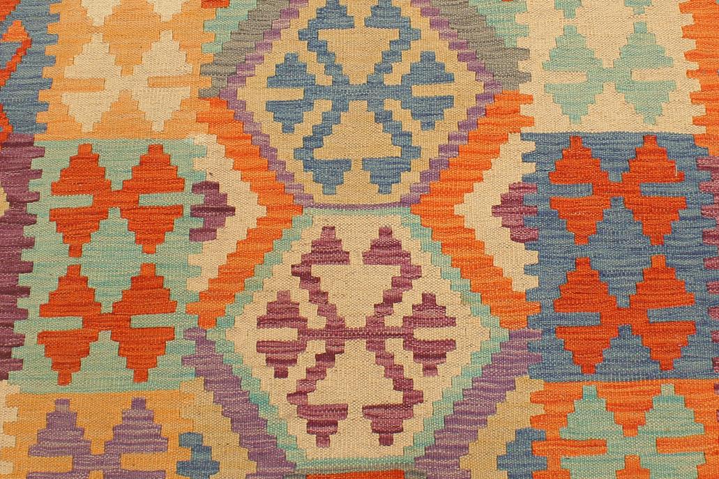 Flat Weave Kilim Antique Navaho Vintage handmade Geometric Kilim Rust Blue Hand-Woven Runner 100% Wool Area Rug 3x10 