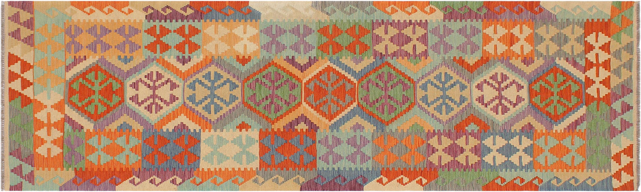 handmade Geometric Kilim Rust Blue Hand-Woven RUNNER 100% WOOL area rug 3' x 10'