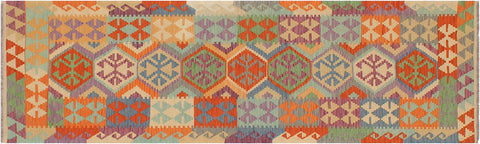 handmade Geometric Kilim Rust Blue Hand-Woven RUNNER 100% WOOL area rug 3' x 10'