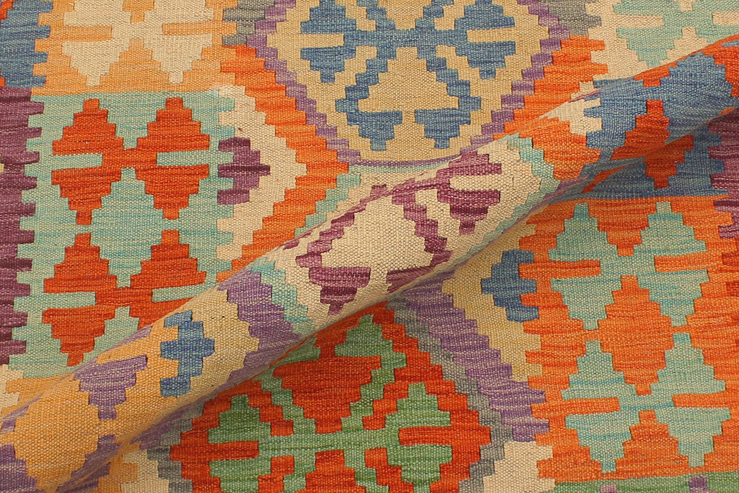 handmade Geometric Kilim Rust Blue Hand-Woven RUNNER 100% WOOL area rug 3' x 10'