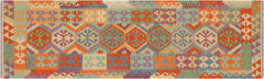 Flat Weave Kilim Antique Navaho Vintage handmade Geometric Kilim Rust Blue Hand-Woven Runner 100% Wool Area Rug 3x10 