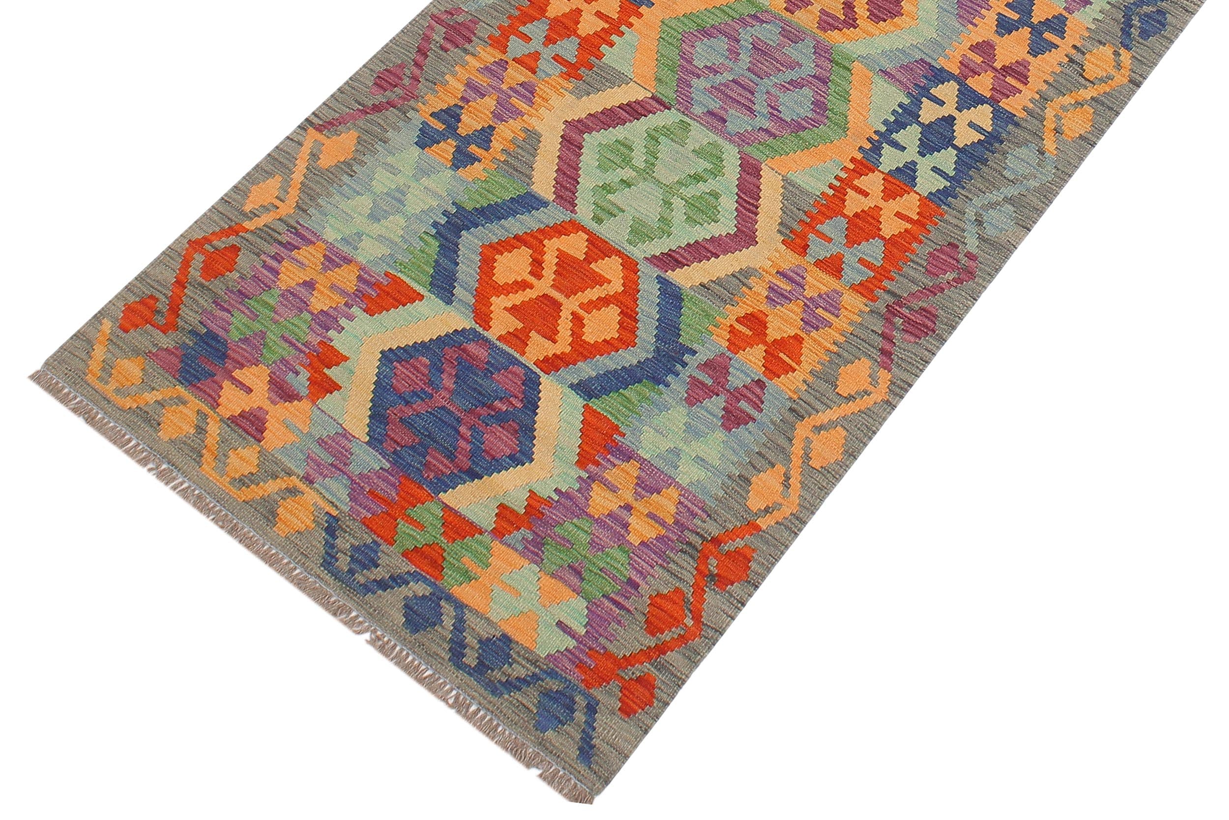 handmade Geometric Kilim Blue Gray Hand-Woven RUNNER 100% WOOL area rug 3' x 10'