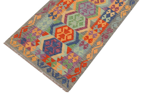 handmade Geometric Kilim Blue Gray Hand-Woven RUNNER 100% WOOL area rug 3' x 10'