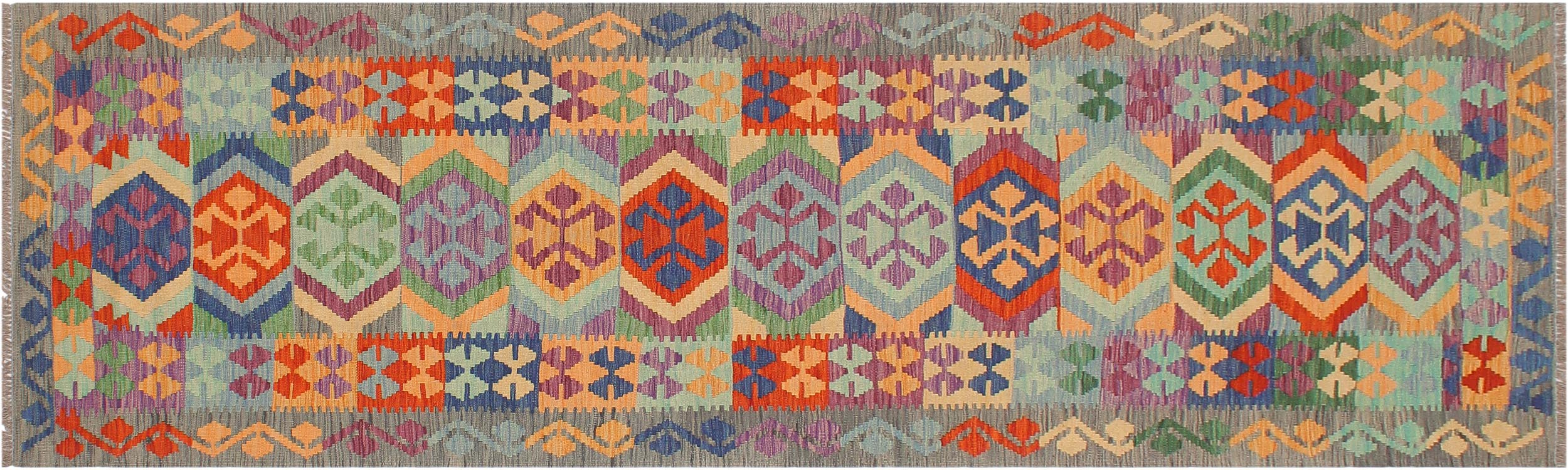 handmade Geometric Kilim Blue Gray Hand-Woven RUNNER 100% WOOL area rug 3' x 10'