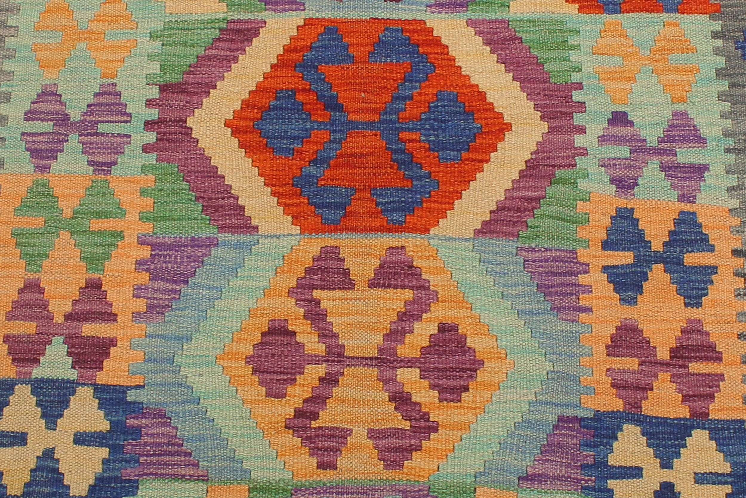 handmade Geometric Kilim Blue Gray Hand-Woven RUNNER 100% WOOL area rug 3' x 10'