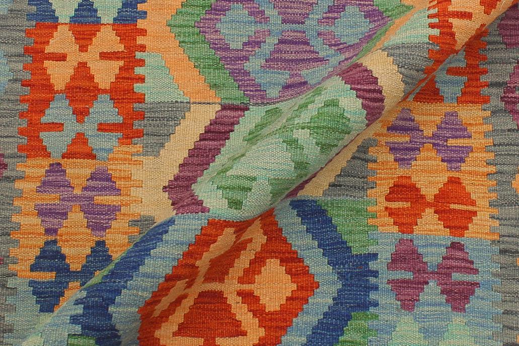 Flat Weave Kilim Antique Navaho Vintage handmade Geometric Kilim Blue Gray Hand-Woven Runner 100% Wool Area Rug 3x10 