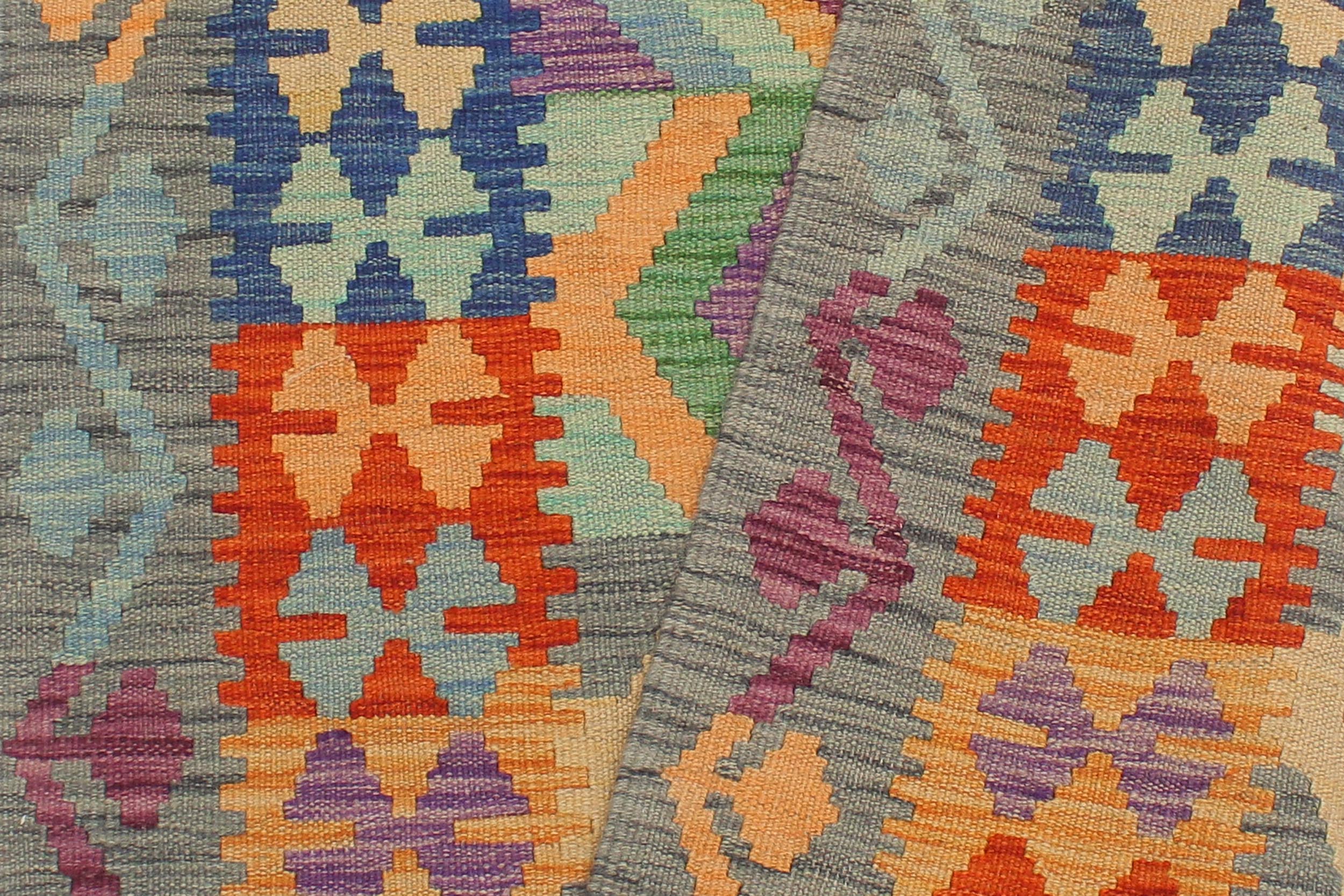 handmade Geometric Kilim Blue Gray Hand-Woven RUNNER 100% WOOL area rug 3' x 10'