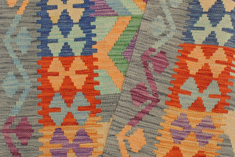 handmade Geometric Kilim Blue Gray Hand-Woven RUNNER 100% WOOL area rug 3' x 10'