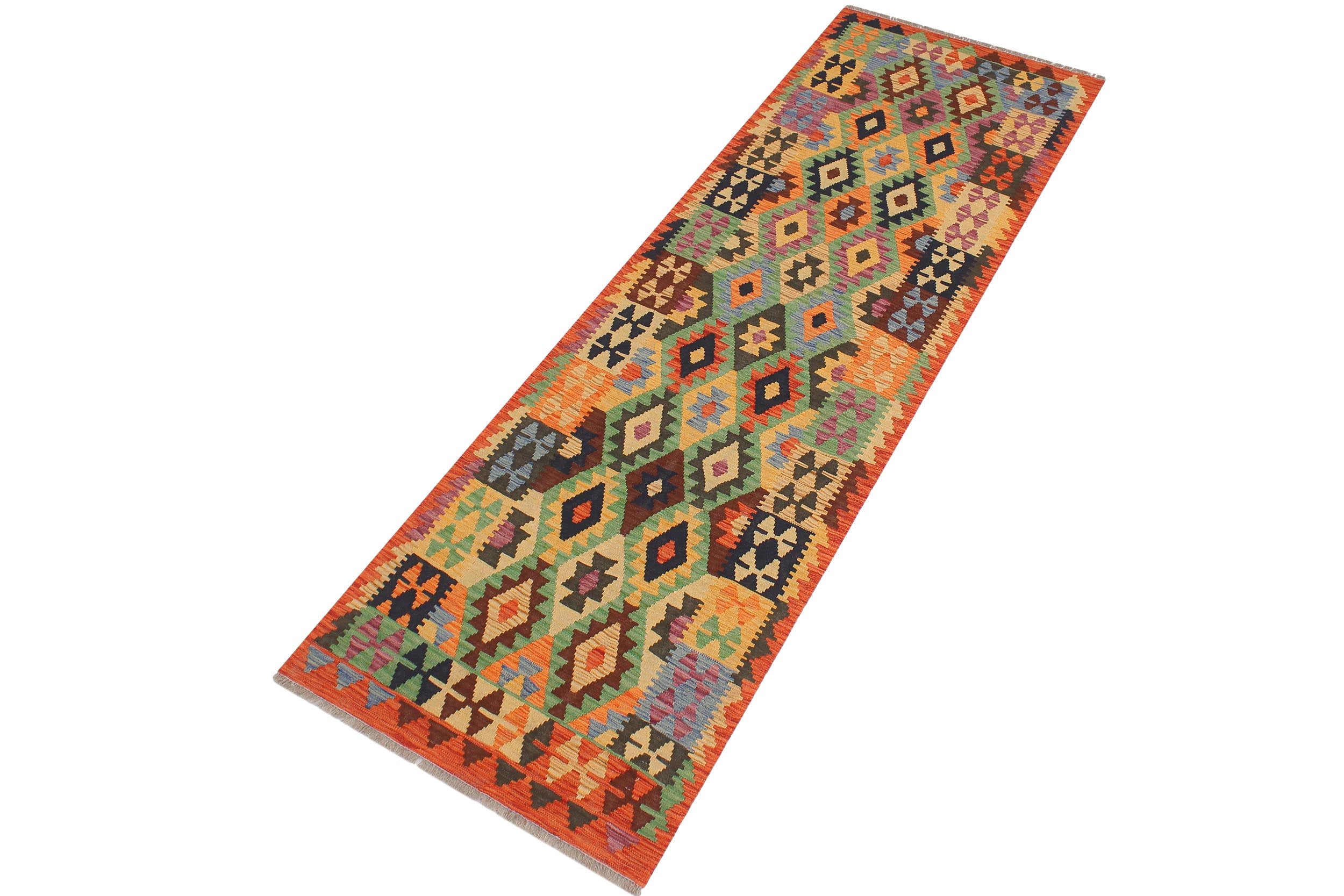 handmade Geometric Kilim Blue Rust Hand-Woven RUNNER 100% WOOL area rug 3 x 9