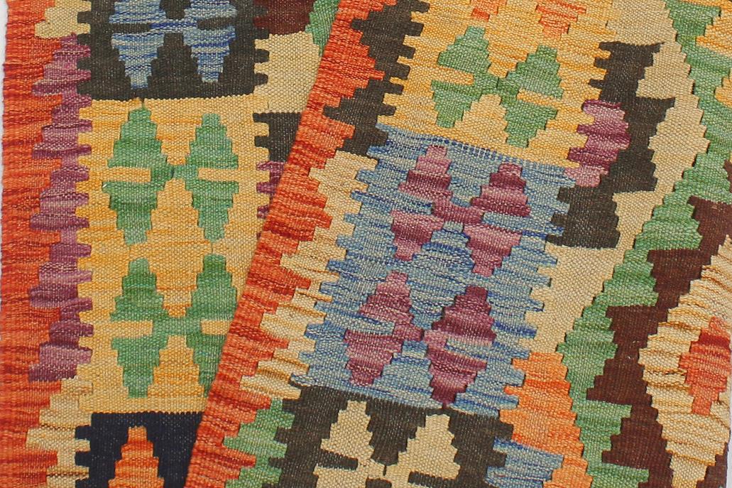 Flat Weave Kilim Antique Navaho Vintage handmade Geometric Kilim Blue Rust Hand-Woven Runner 100% Wool Area Rug 3x9 