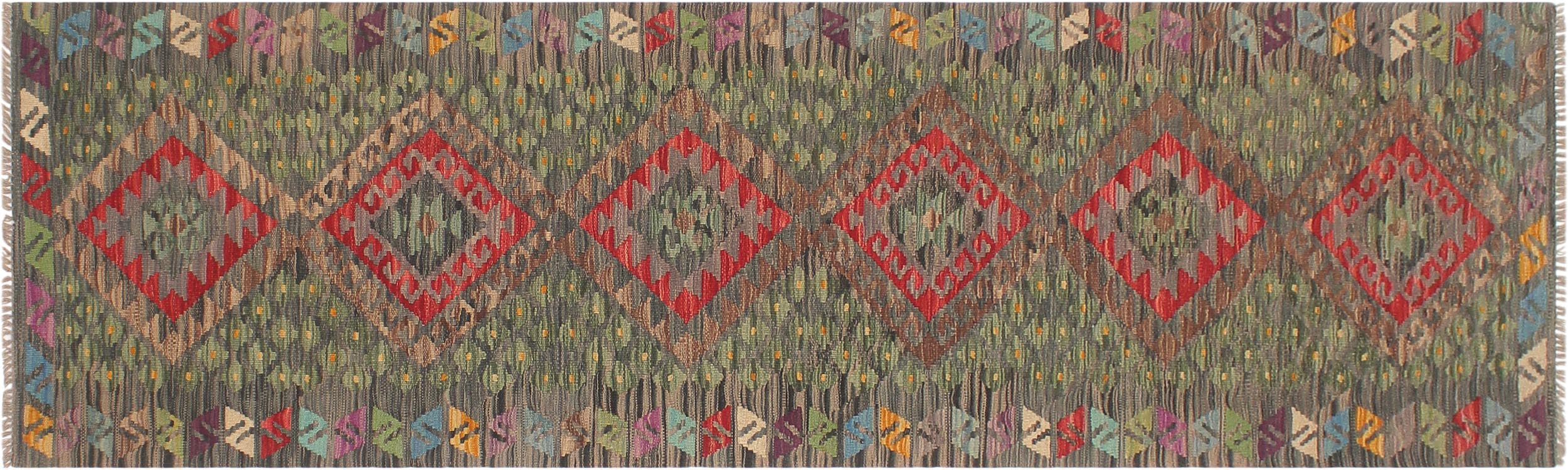 handmade Geometric Kilim Red Charcoal Hand-Woven RUNNER 100% WOOL area rug 3' x 10'