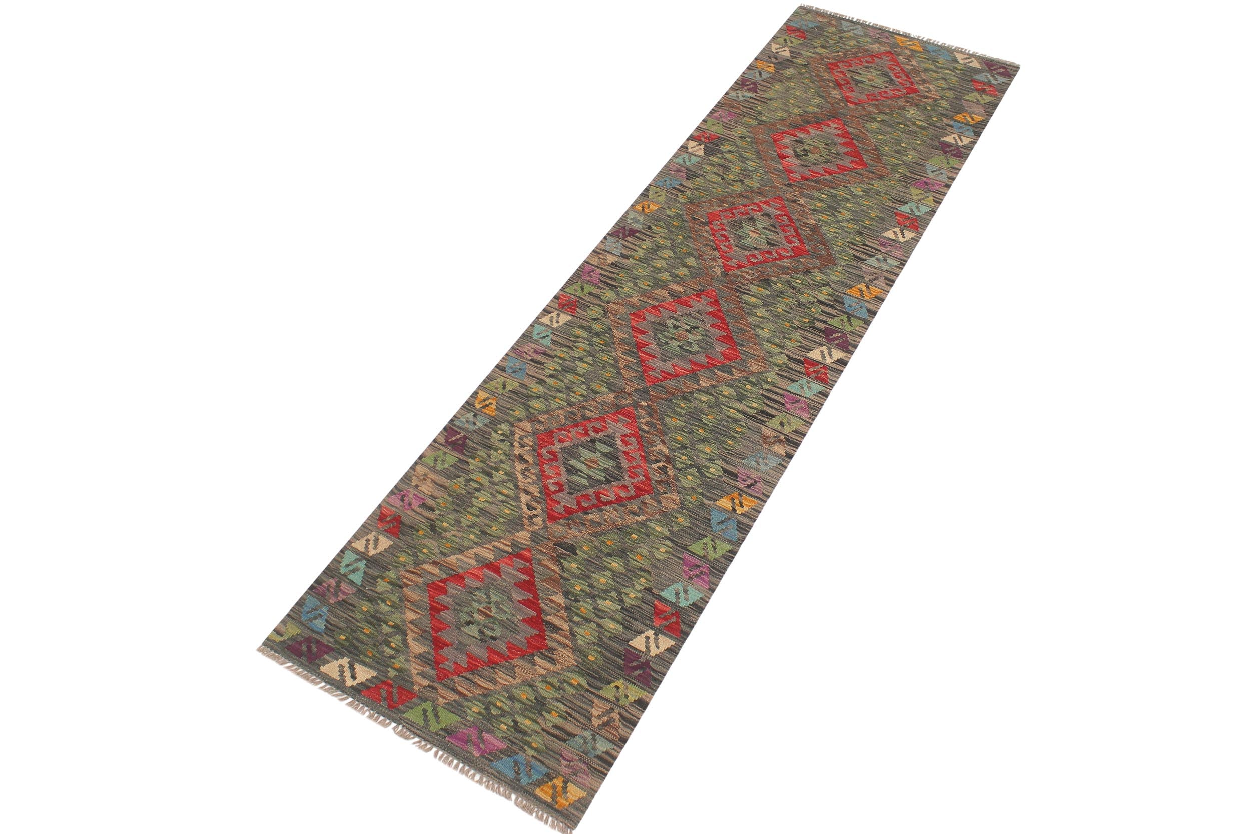 handmade Geometric Kilim Red Charcoal Hand-Woven RUNNER 100% WOOL area rug 3' x 10'