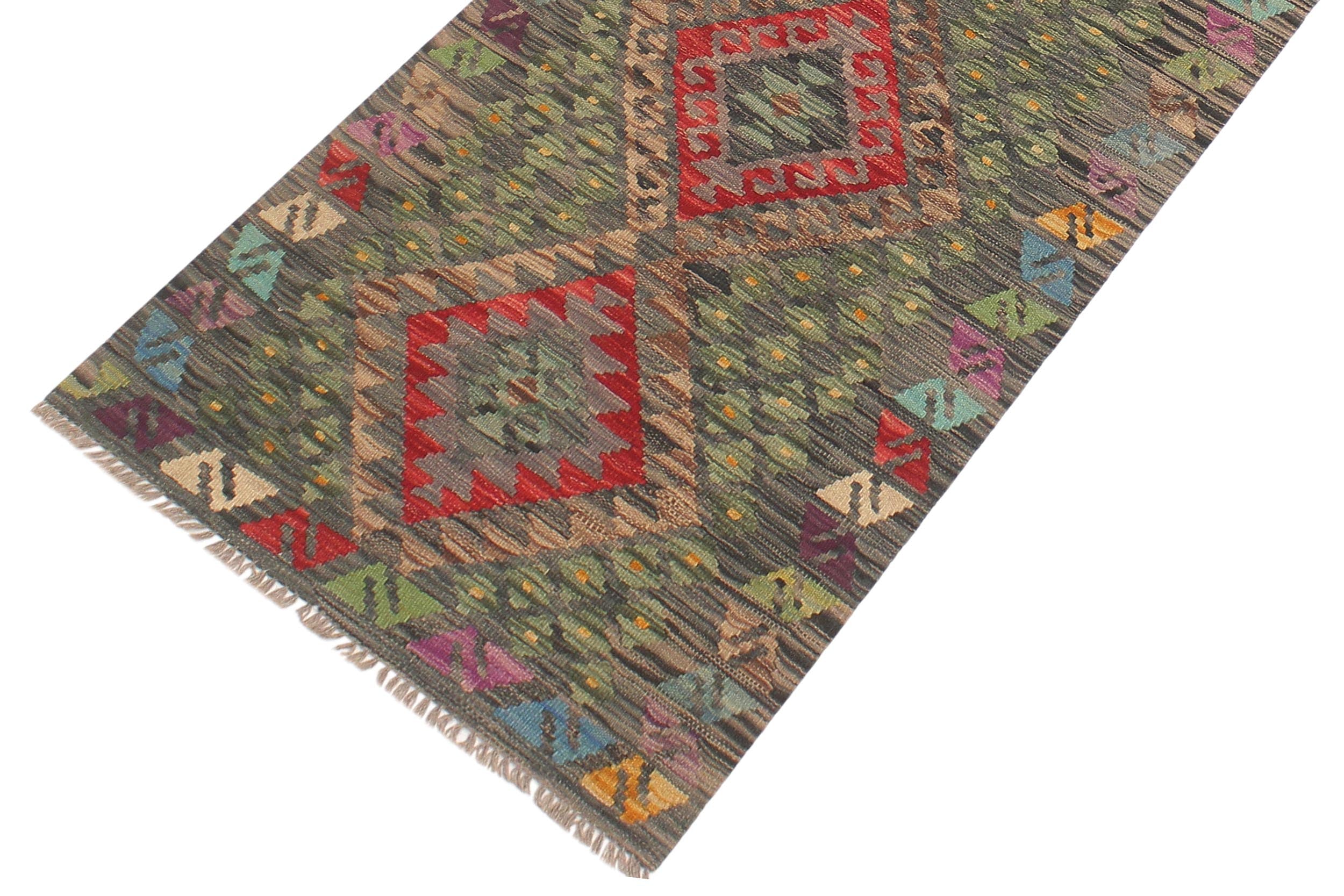 handmade Geometric Kilim Red Charcoal Hand-Woven RUNNER 100% WOOL area rug 3' x 10'