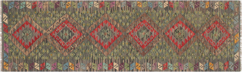 handmade Geometric Kilim Red Charcoal Hand-Woven RUNNER 100% WOOL area rug 3' x 10'
