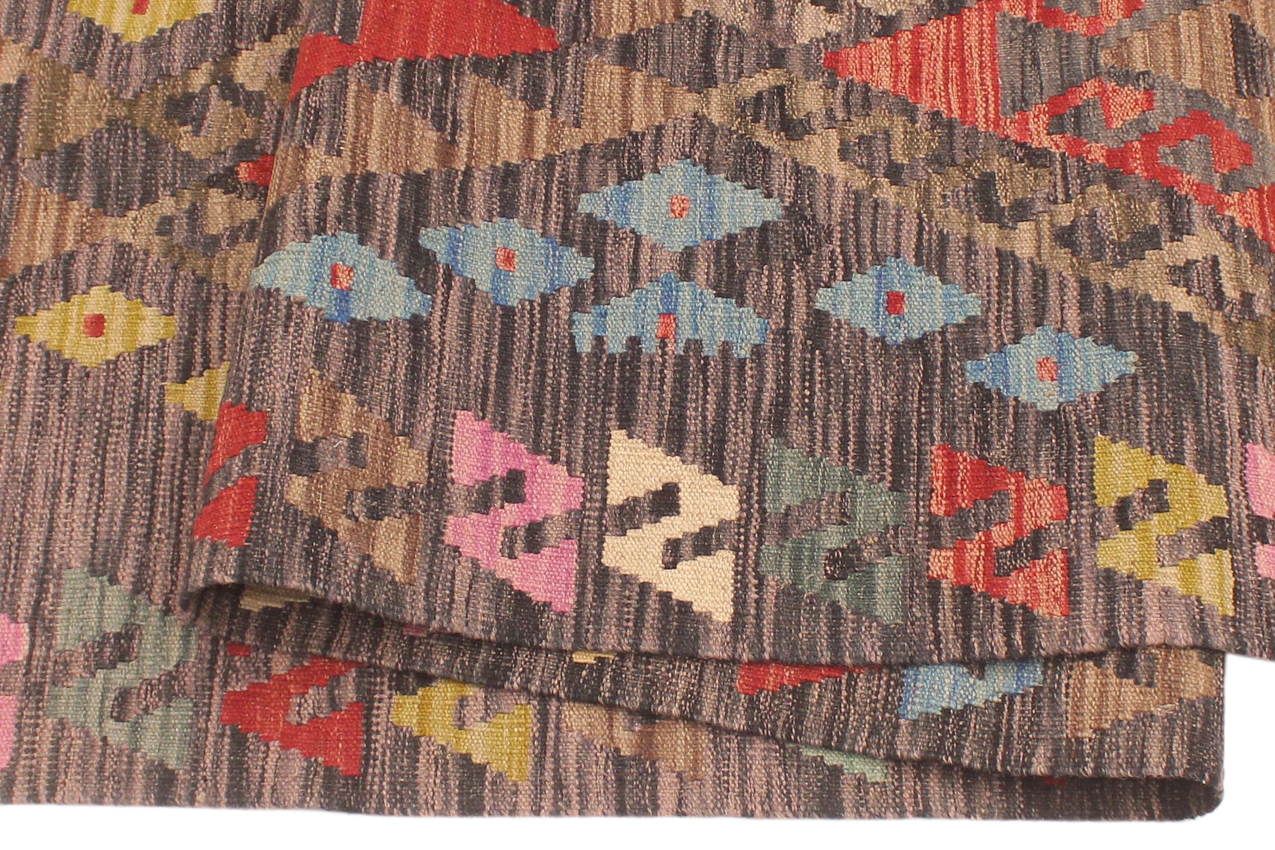 handmade Geometric Kilim Charcoal Red Hand-Woven RUNNER 100% WOOL area rug 3' x 10'