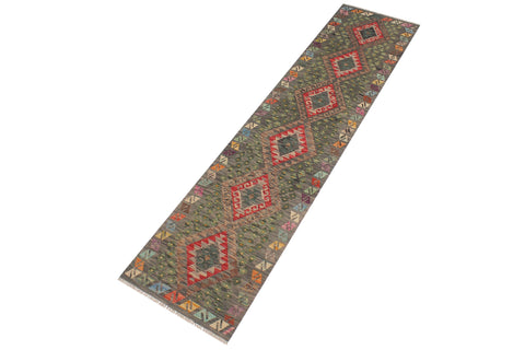 handmade Geometric Kilim Gray Red Hand-Woven RUNNER 100% WOOL area rug 3' x 10'