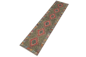 handmade Geometric Kilim Gray Red Hand-Woven RUNNER 100% WOOL area rug 3' x 10'