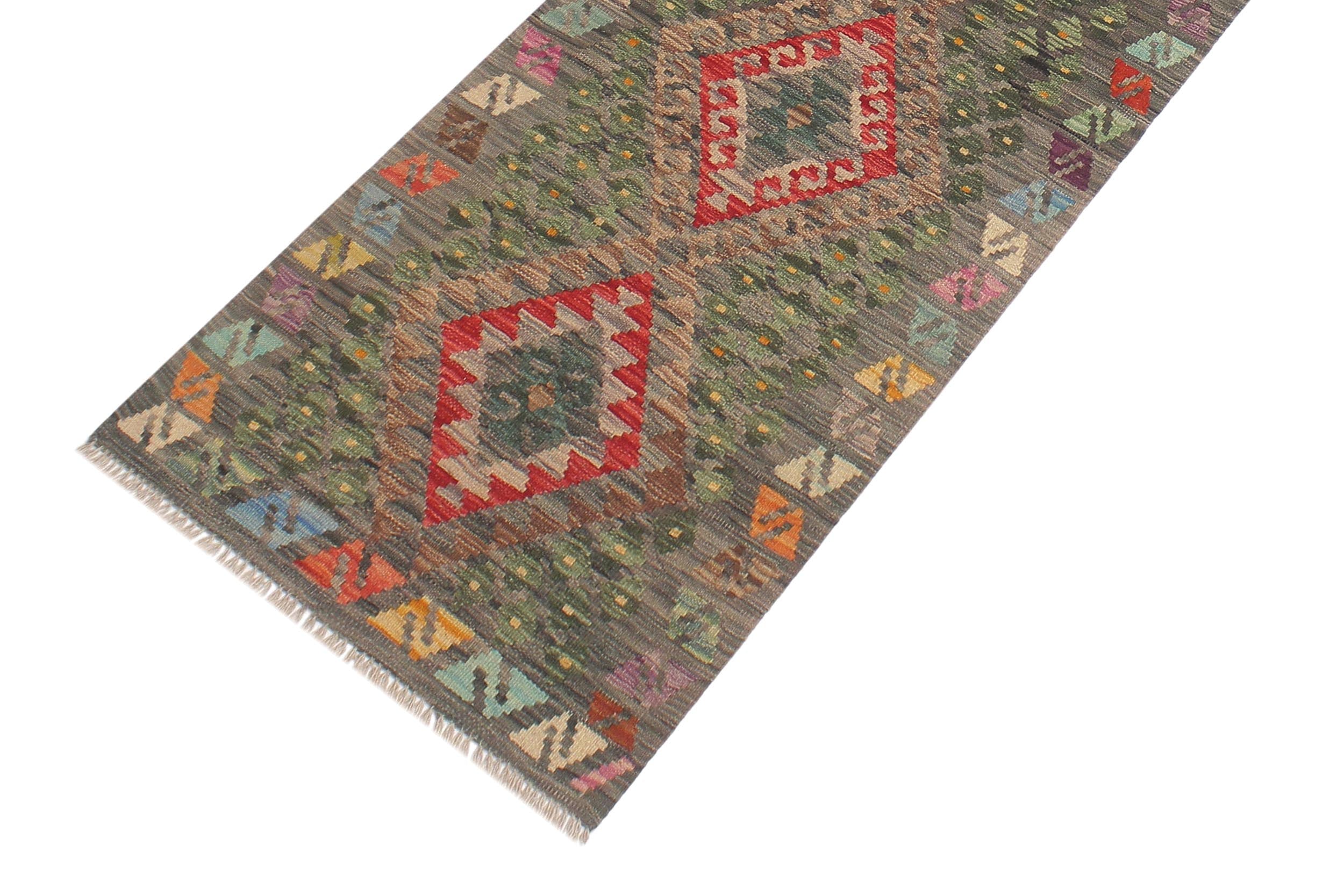 handmade Geometric Kilim Gray Red Hand-Woven RUNNER 100% WOOL area rug 3' x 10'