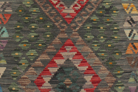 handmade Geometric Kilim Gray Red Hand-Woven RUNNER 100% WOOL area rug 3' x 10'