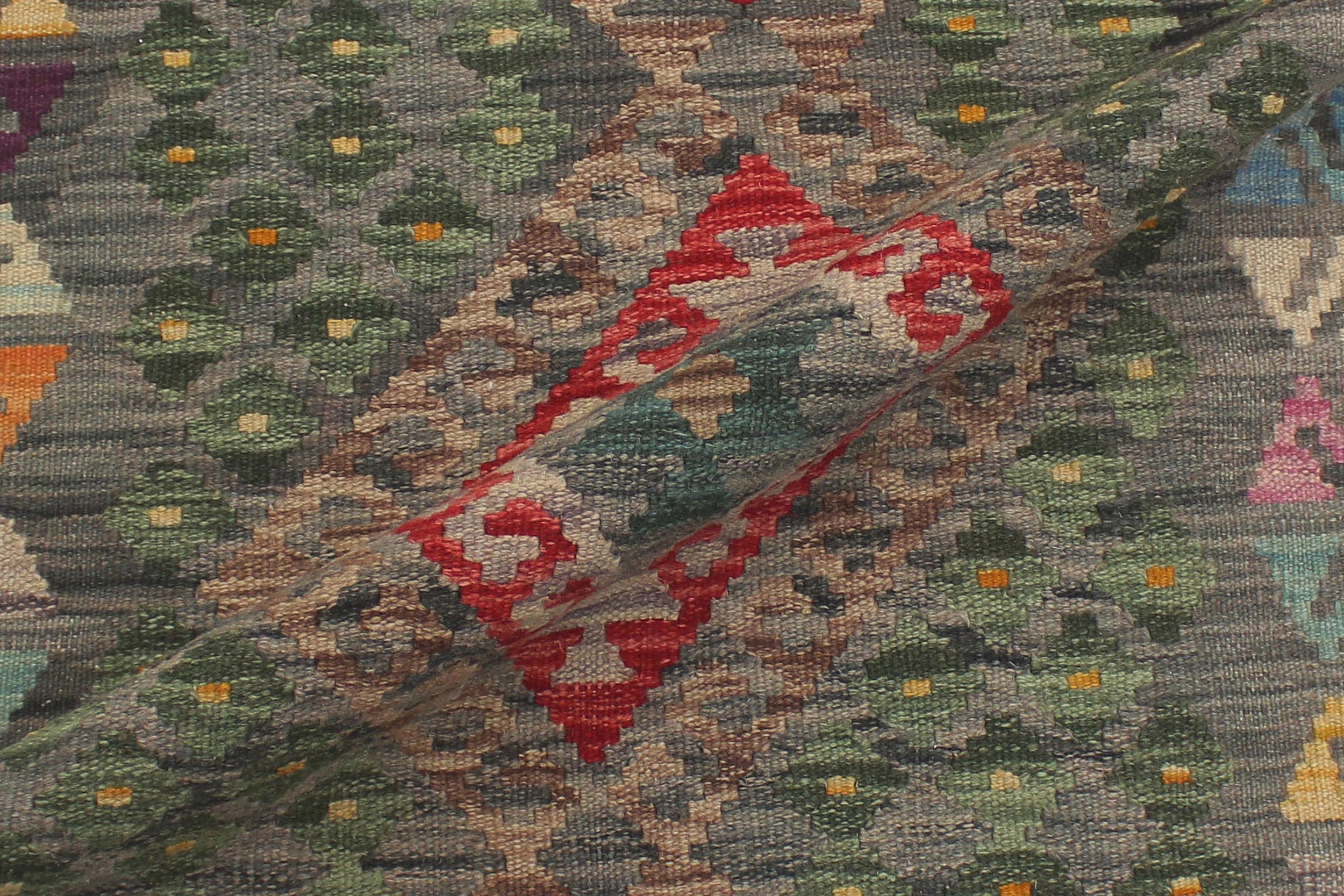 handmade Geometric Kilim Gray Red Hand-Woven RUNNER 100% WOOL area rug 3' x 10'