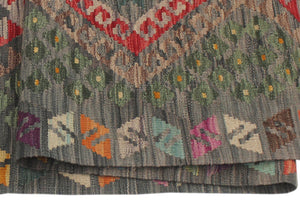 handmade Geometric Kilim Gray Red Hand-Woven RUNNER 100% WOOL area rug 3' x 10'