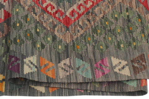 handmade Geometric Kilim Gray Red Hand-Woven RUNNER 100% WOOL area rug 3' x 10'