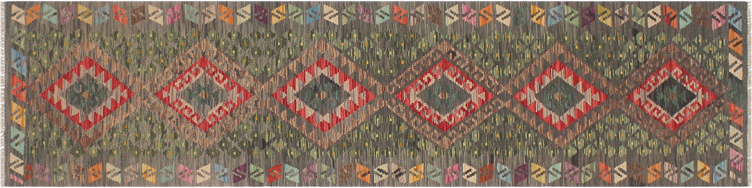 handmade Geometric Kilim Gray Red Hand-Woven RUNNER 100% WOOL area rug 3' x 10'