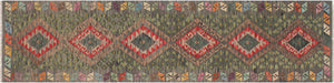 2x10 hand woven Turkish Kilim wool runner rug in gray and red - Chic Turkish Shanta
