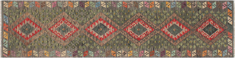 handmade Geometric Kilim Gray Red Hand-Woven RUNNER 100% WOOL area rug 3' x 10'