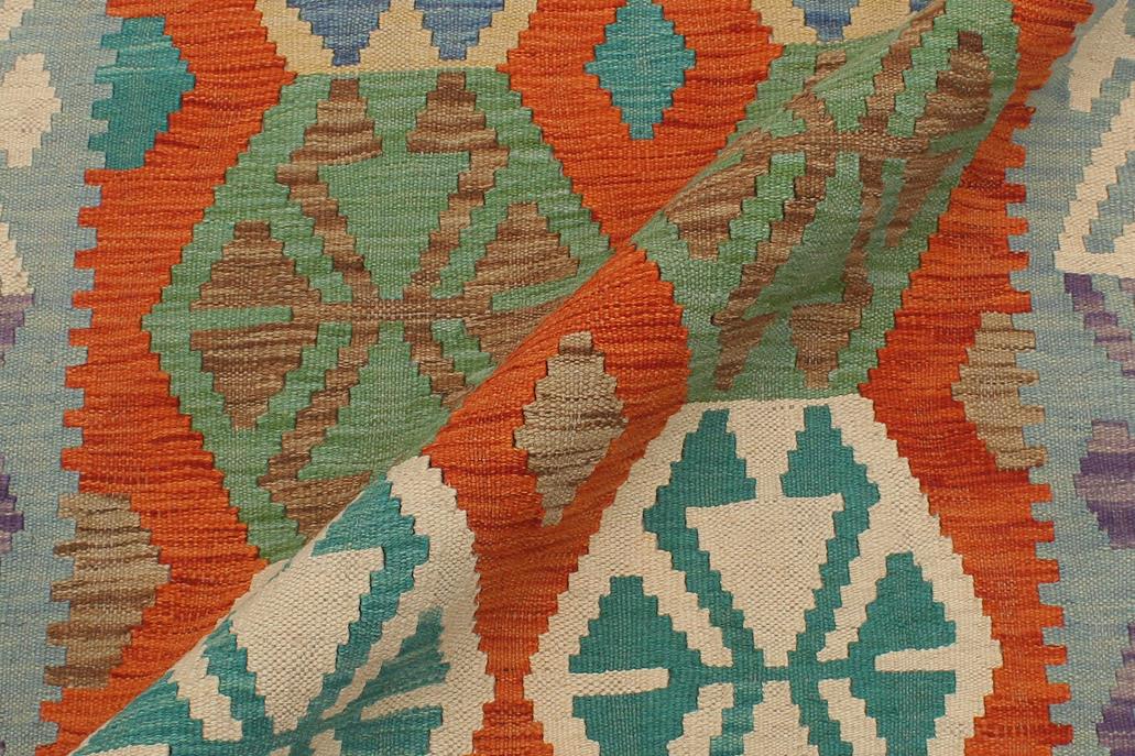 Flat Weave Kilim Antique Navaho Vintage handmade Geometric Kilim Rust Blue Hand-Woven Runner 100% Wool Area Rug 3x13 