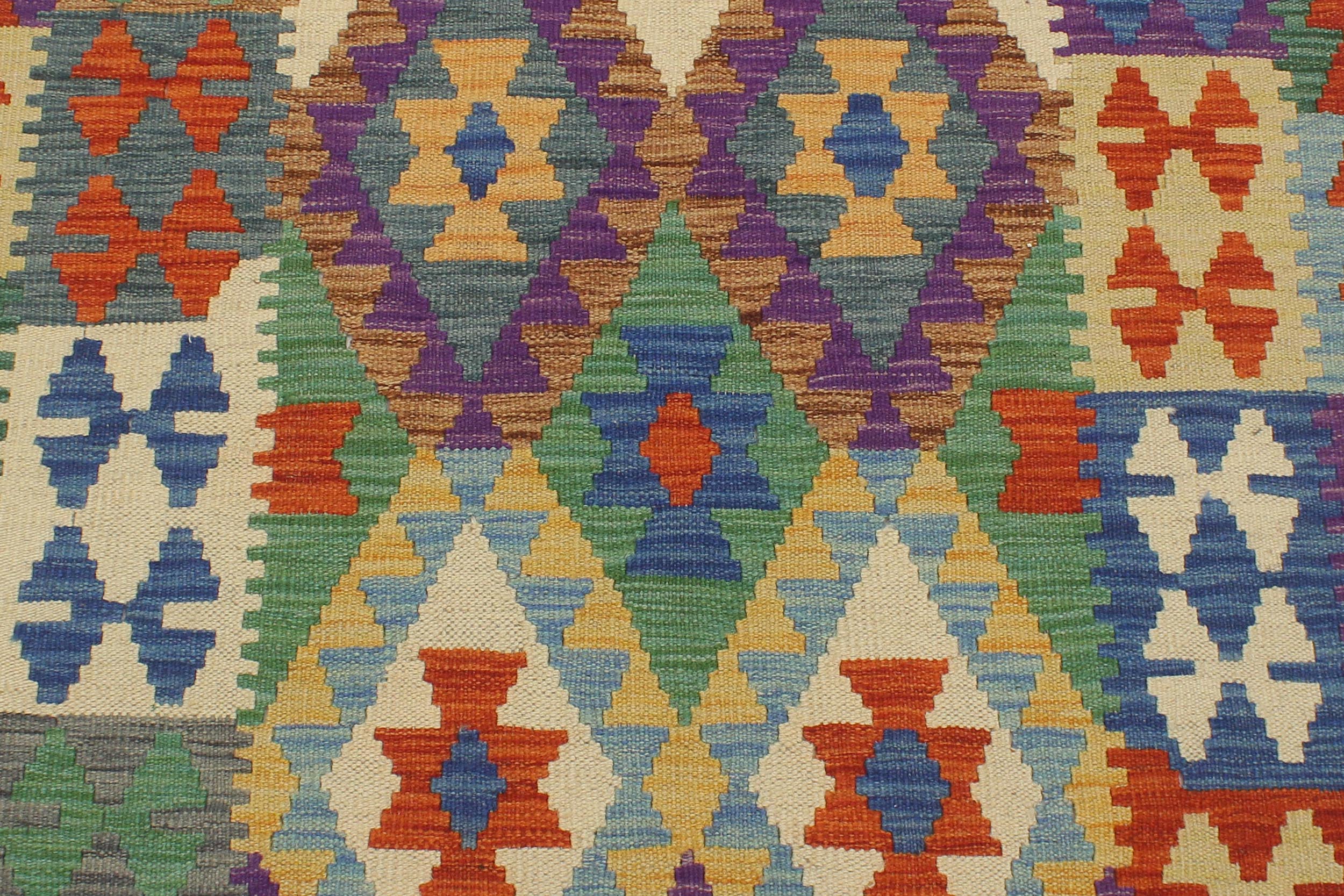 handmade Geometric Kilim Rust Blue Hand-Woven RUNNER 100% WOOL area rug 3 x 13
