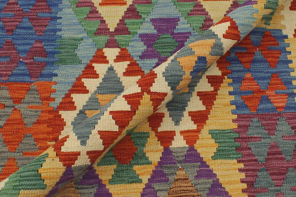 Flat Weave Kilim Antique Navaho Vintage handmade Geometric Kilim Rust Blue Hand-Woven Runner 100% Wool Area Rug 3x13 