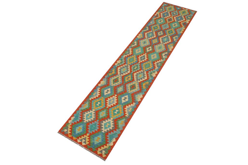 Flat Weave Kilim Antique Navaho Vintage handmade Geometric Kilim Rust Blue Hand-Woven Runner 100% Wool Area Rug 3x13 