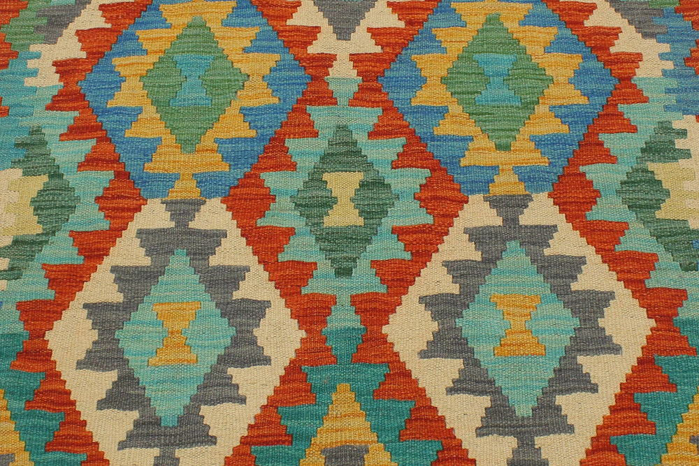 handmade Geometric Kilim Rust Blue Hand-Woven RUNNER 100% WOOL area rug 3 x 13