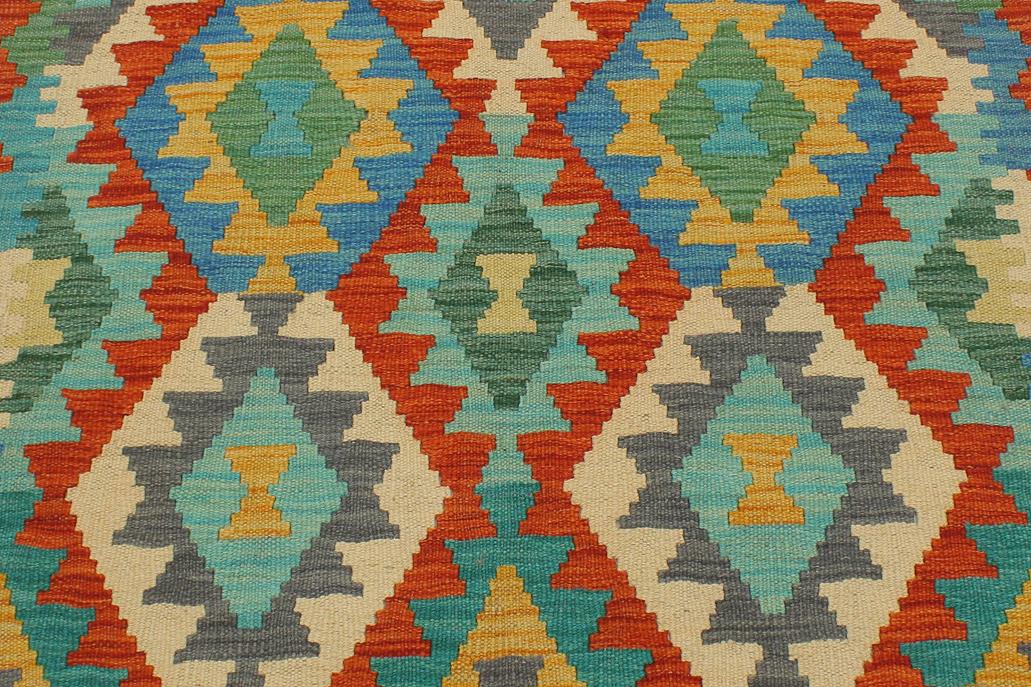Flat Weave Kilim Antique Navaho Vintage handmade Geometric Kilim Rust Blue Hand-Woven Runner 100% Wool Area Rug 3x13 
