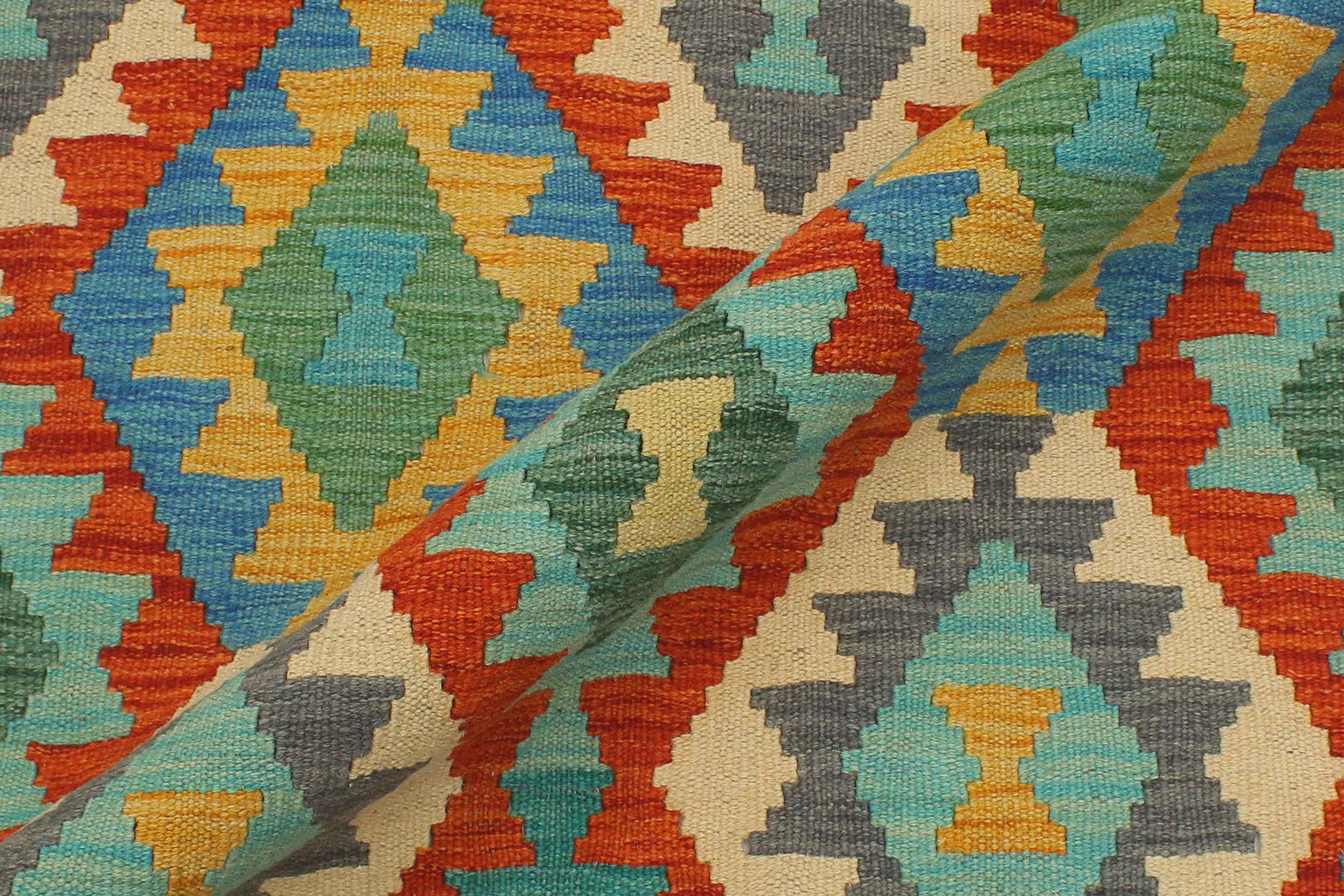 handmade Geometric Kilim Rust Blue Hand-Woven RUNNER 100% WOOL area rug 3 x 13