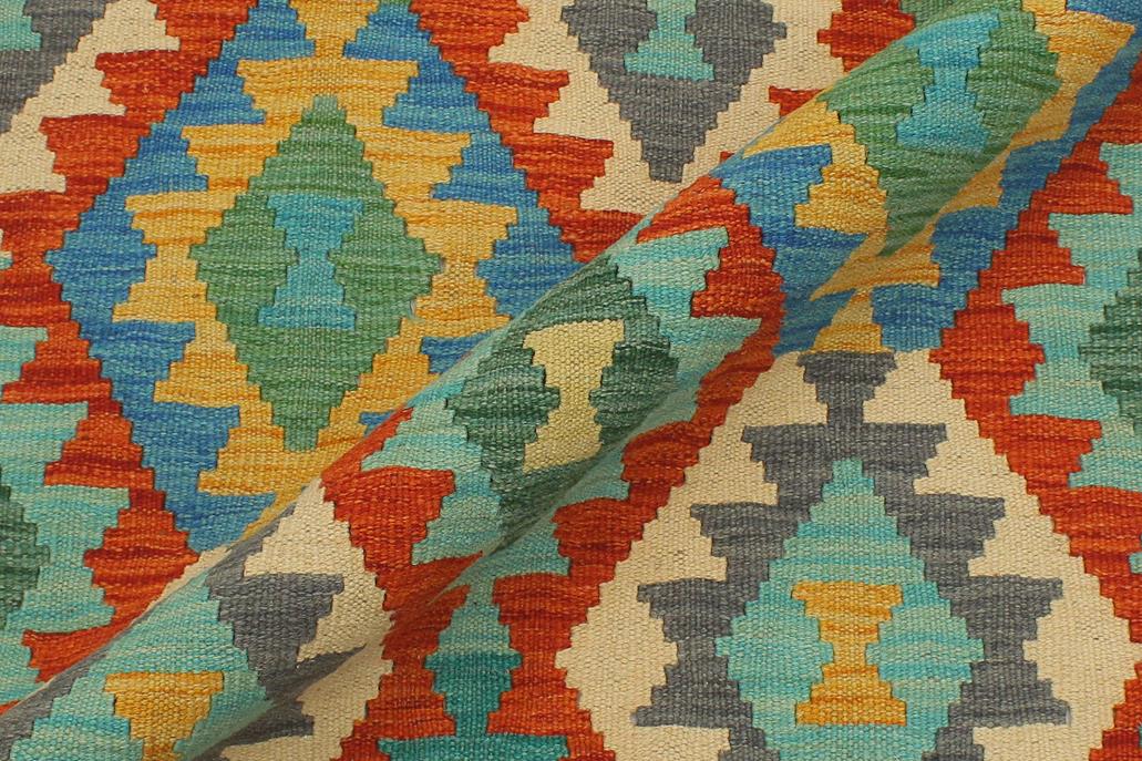 Flat Weave Kilim Antique Navaho Vintage handmade Geometric Kilim Rust Blue Hand-Woven Runner 100% Wool Area Rug 3x13 