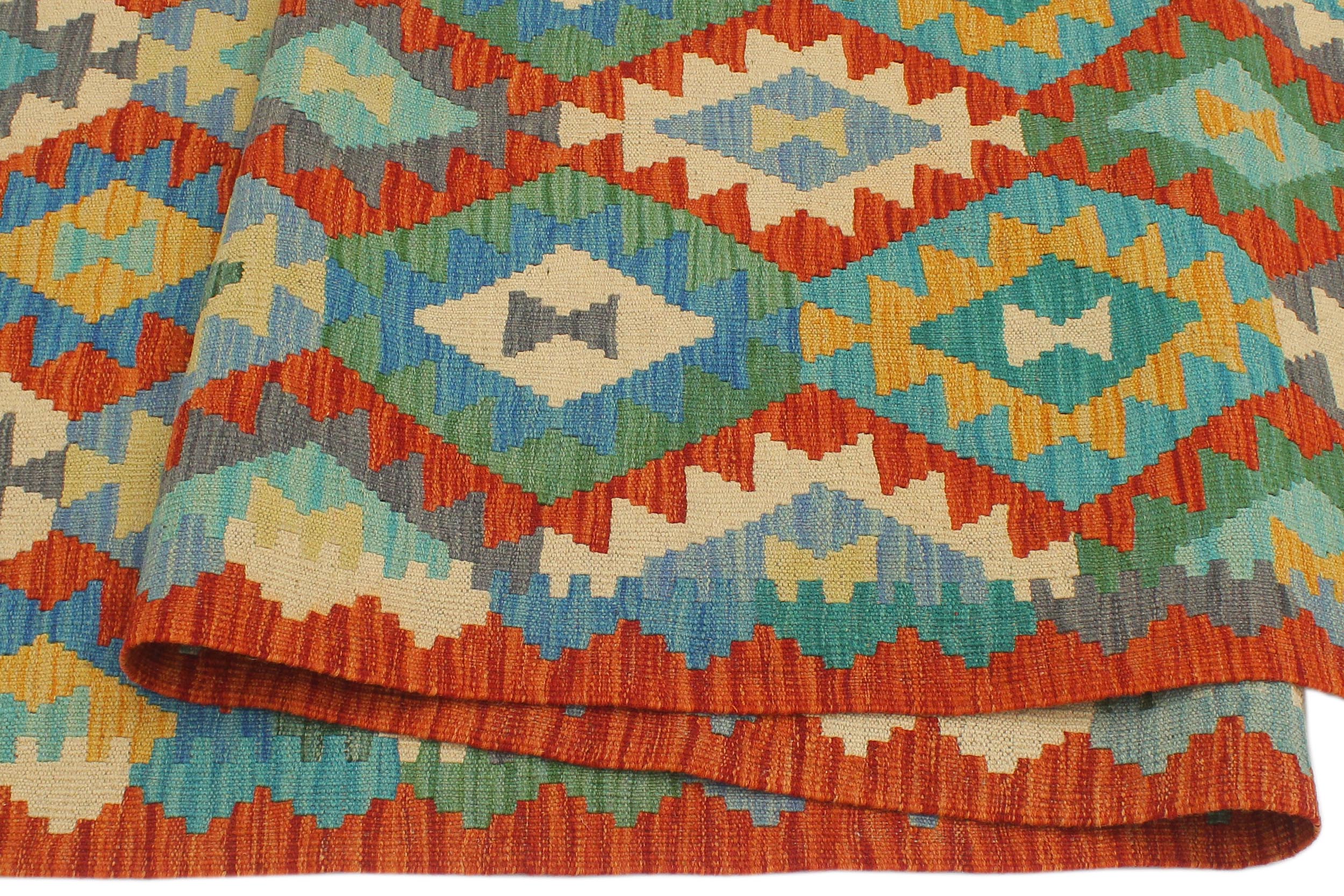 handmade Geometric Kilim Rust Blue Hand-Woven RUNNER 100% WOOL area rug 3 x 13